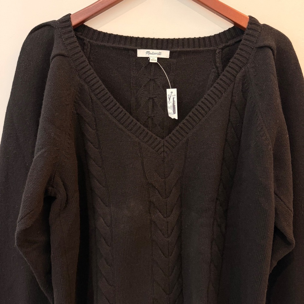 Madewell V Neck Pullover Sweater Merino Wool Cable Knit Trip Black NY444 XS NWT - Picture 3 of 12